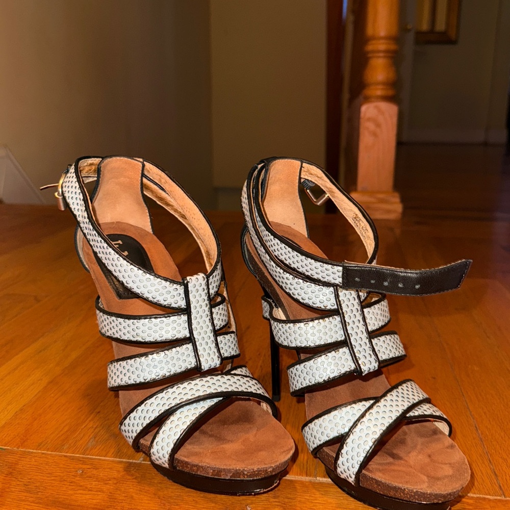 L.A.M.B. “Beatrice” Sandals in Black/White strap